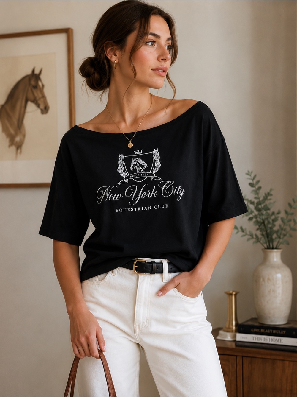 NWT Black Equestrian Club Boat Neck Tee XL Horse Graphic Old Money